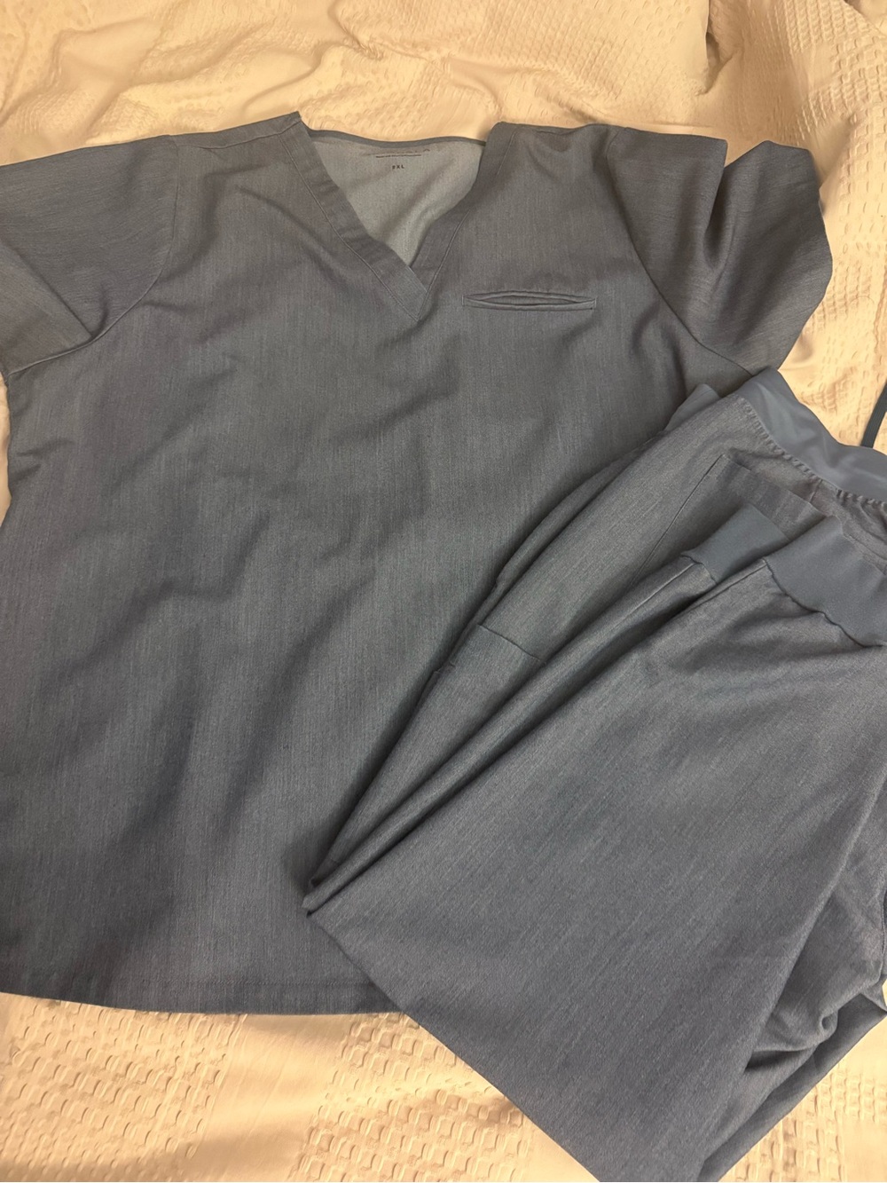Women’s Denim Color Scrub Set - Comfortable V-Neck Top & Elastic Waist Pants